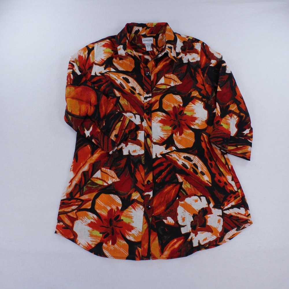 Chico's 100% Linen Floral Button Up Shirt Orange Brown Tropical Women's Size 1 M